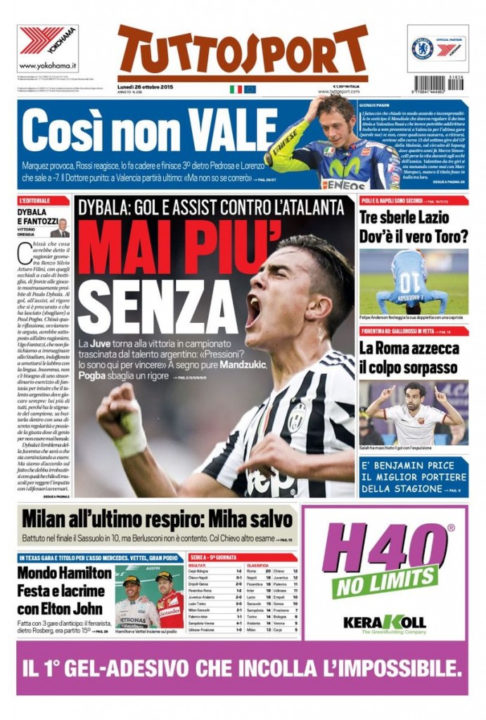 screen prima pagina tuttosport 26-10-2015