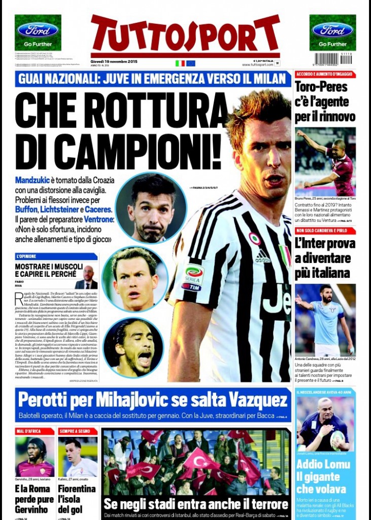 screen prima pagina tuttosport 19-11-2015