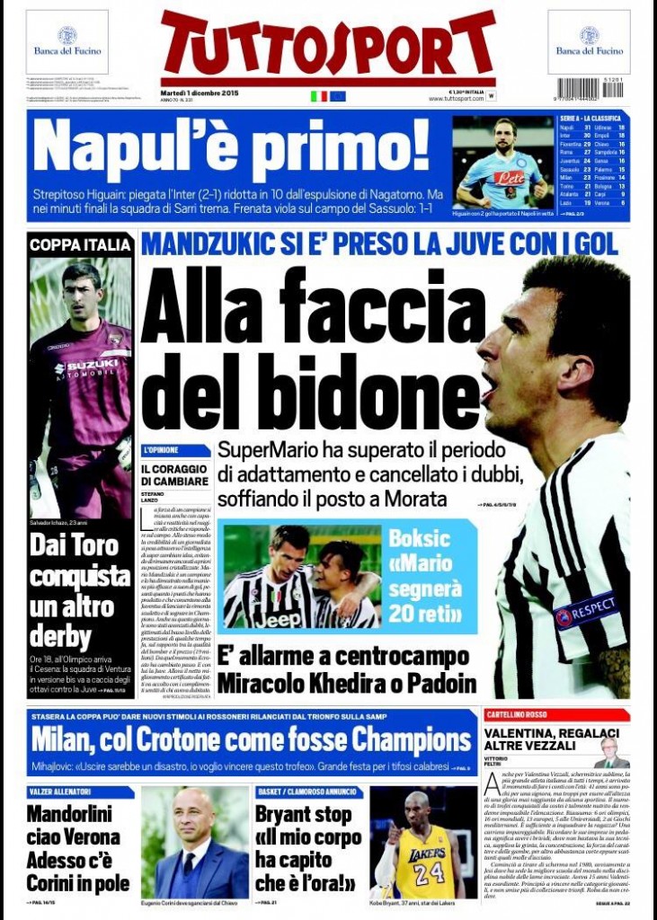 screen prima pagina tuttosport 01-12-2015