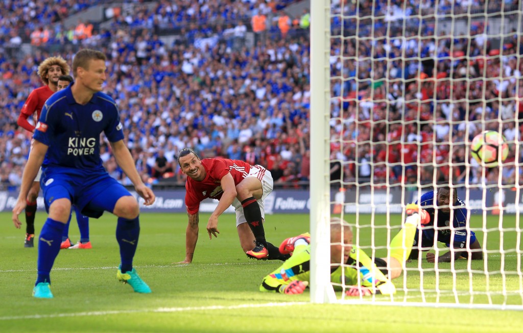 LONDON, ENGLAND - AUGUST 07: Zlatan Ibrahimovic of Manchester United scores his sides second goal during The FA Community Shield match between Leicester City and Manchester United at Wembley Stadium on August 7, 2016 in London, England.  (Photo by Ben Hos