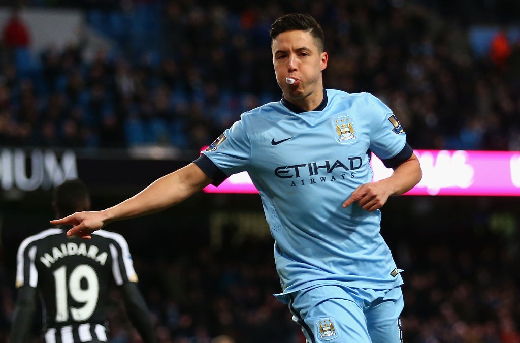 MANCHESTER, ENGLAND - FEBRUARY 21:  Samir Nasri of Manchester City celebrates scoring their second goal during the Barclays Premier League match between Manchester City and Newcastle United at Etihad Stadium on February 21, 2015 in Manchester, England.  (