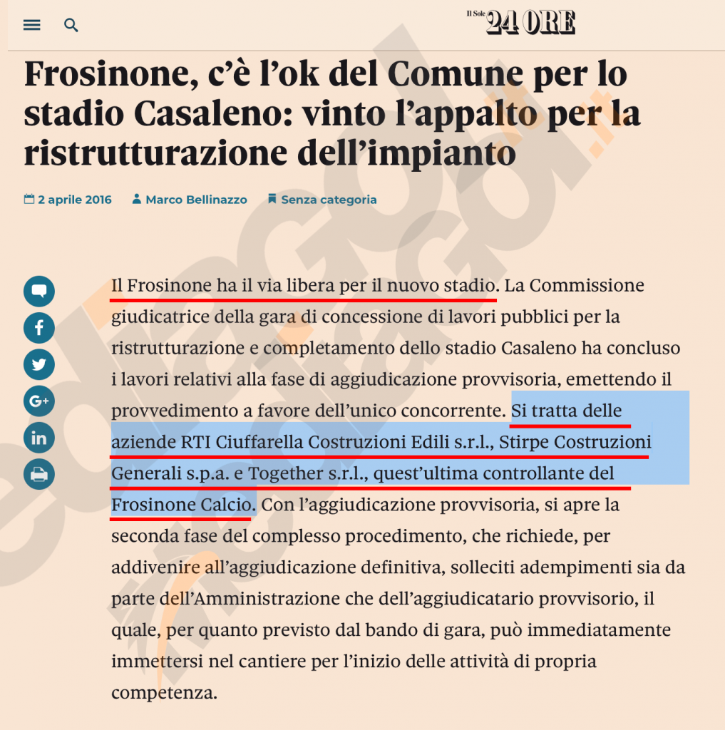 1La penna vinti - articolo sole24ore società costruzione stadio frosinone