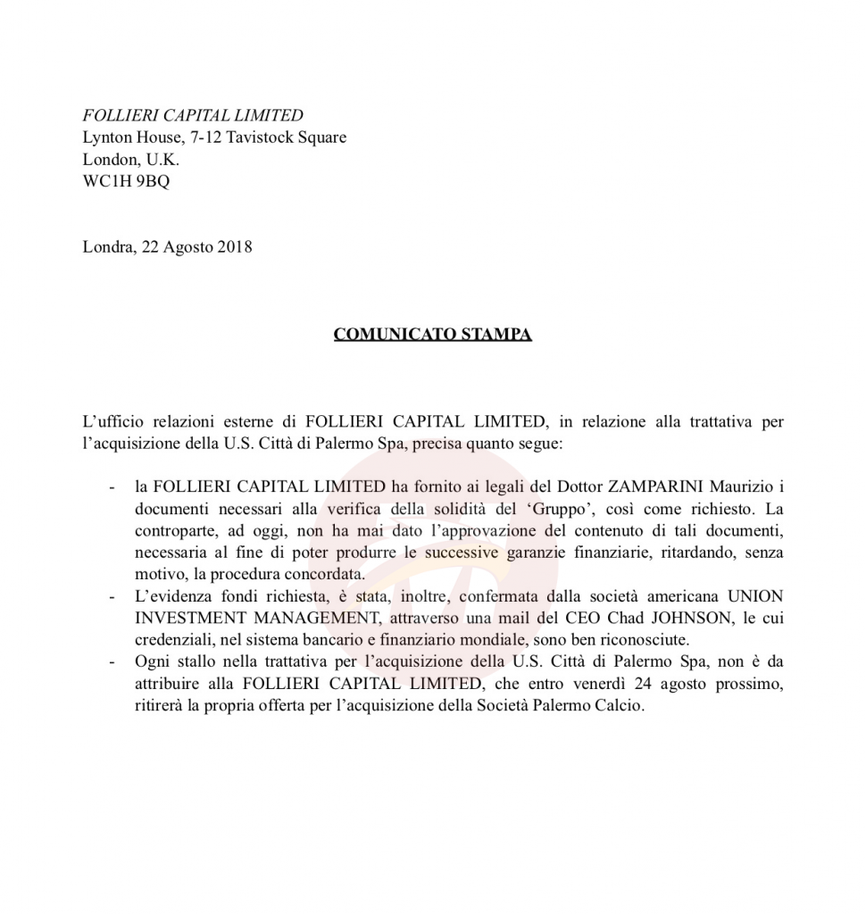 Comunicato stampa follieri