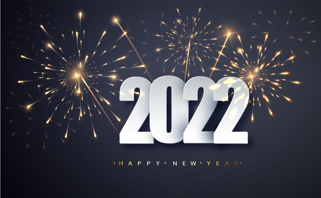 Happy New Year 2022. Greeting New Year Banner with numbers date 2022 on the background of fireworks